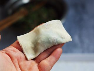 荠菜鸡肉馄饨,如图,将云吞皮如图对折。
